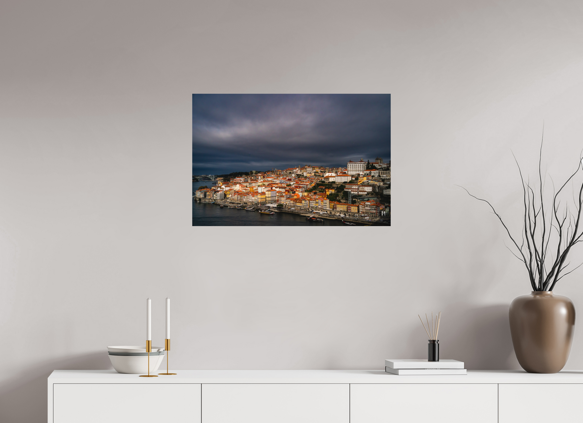 75 x 50 cm, FineArt Color Print on Aluminium Backing Unframed Porto under the stormlight
