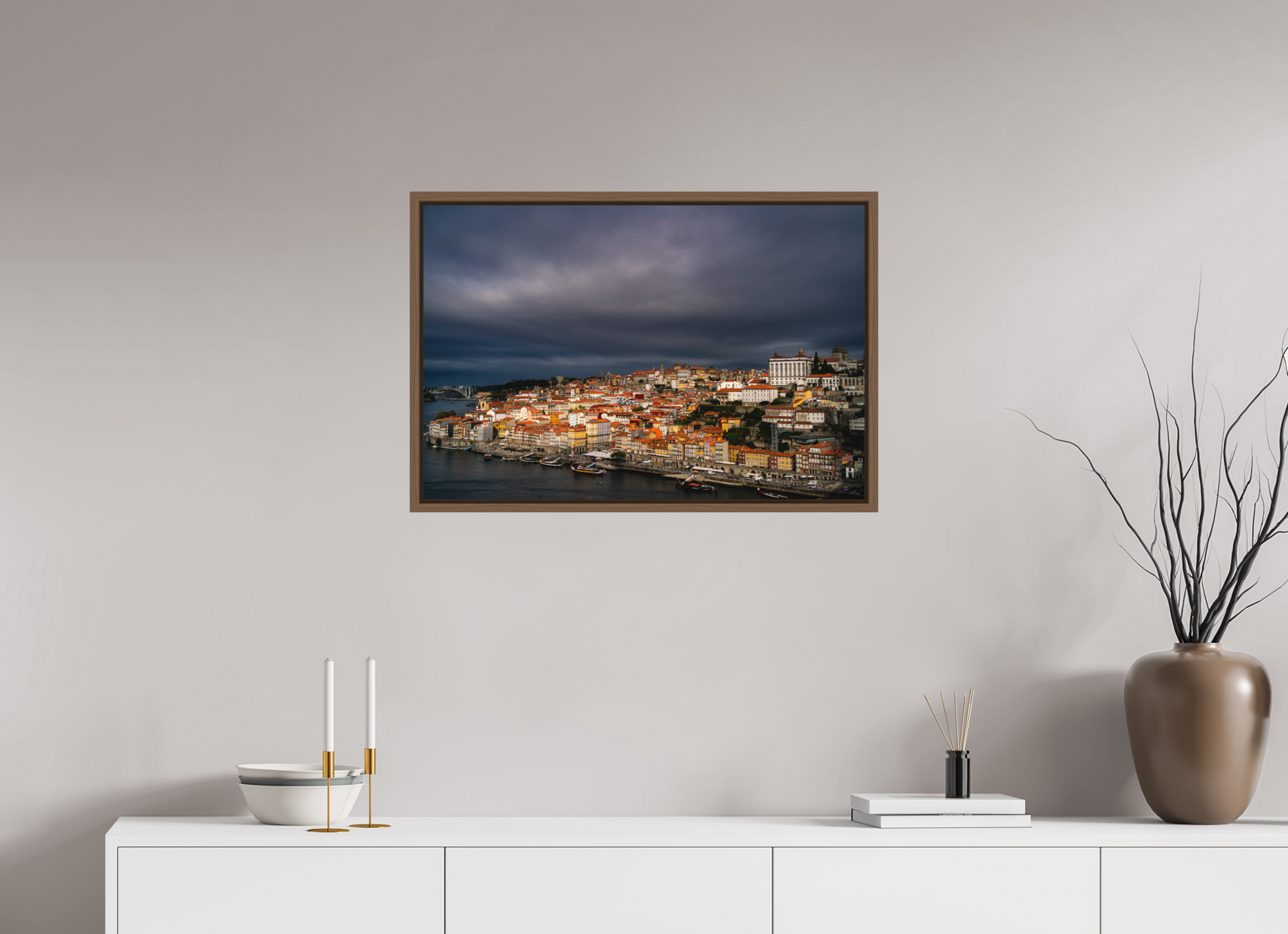 75 x 50 cm, FineArt Color Print on Aluminium Backing Wooden Floater Frame (Walnut) Porto under the stormlight