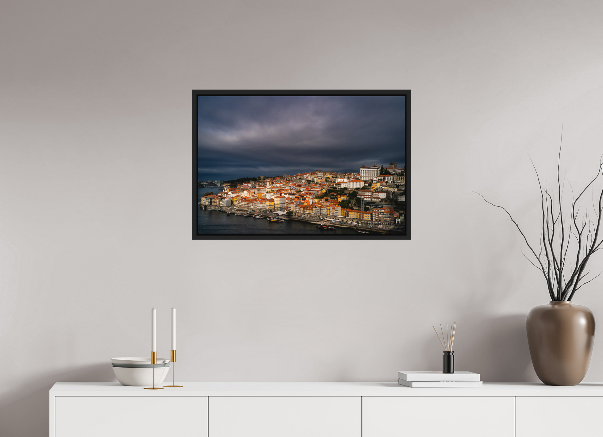 75 x 50 cm, FineArt Color Print on Aluminium Backing Wooden Floater Frame (Black) Porto under the stormlight