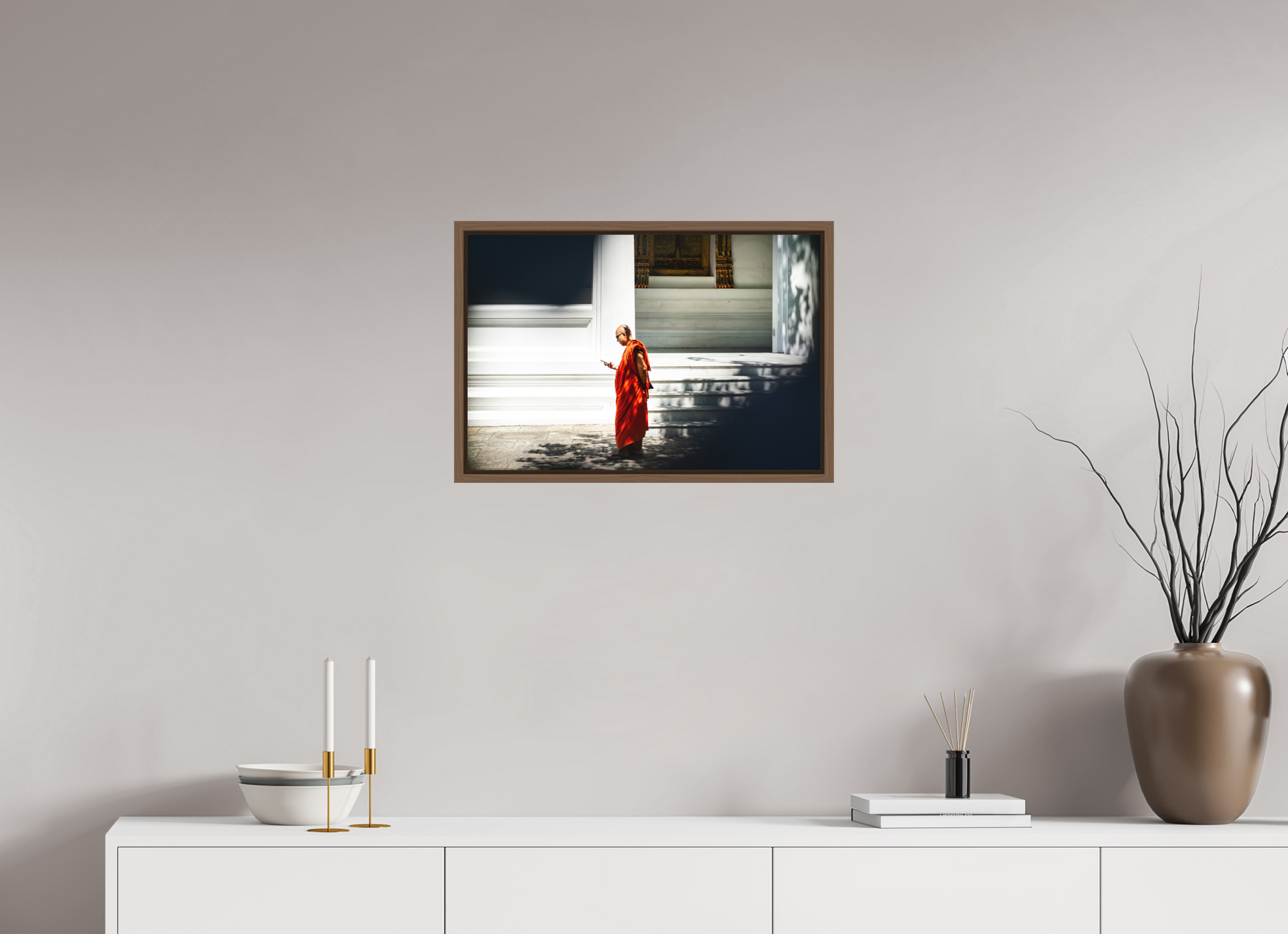 60 x 40 cm, FineArt Color Print on Aluminium Backing Wooden Floater Frame (Walnut) Scroll and silence