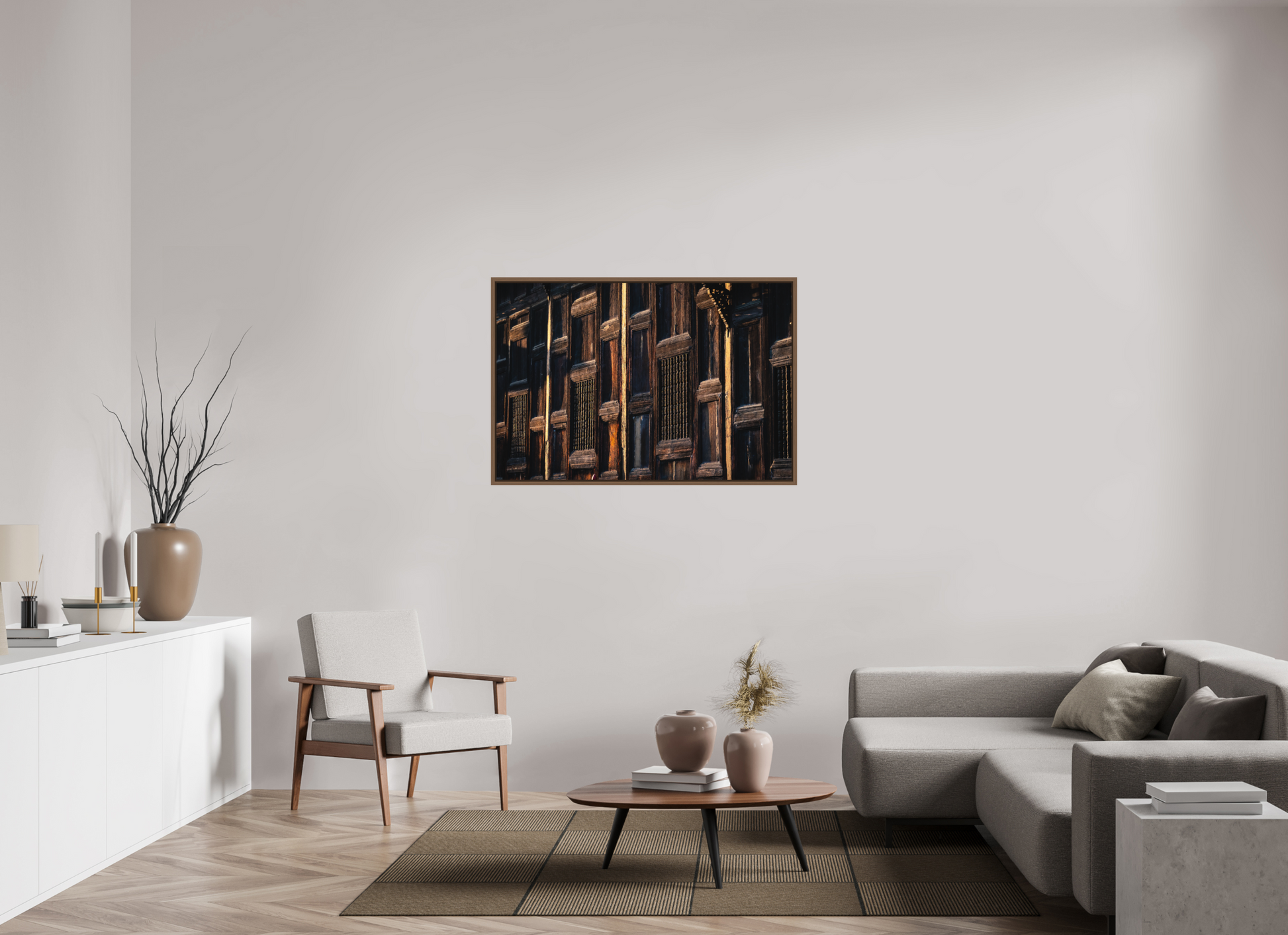 120 x 80 cm, FineArt Color Print on Aluminium Backing Wooden Floater Frame (Walnut) Silent connection