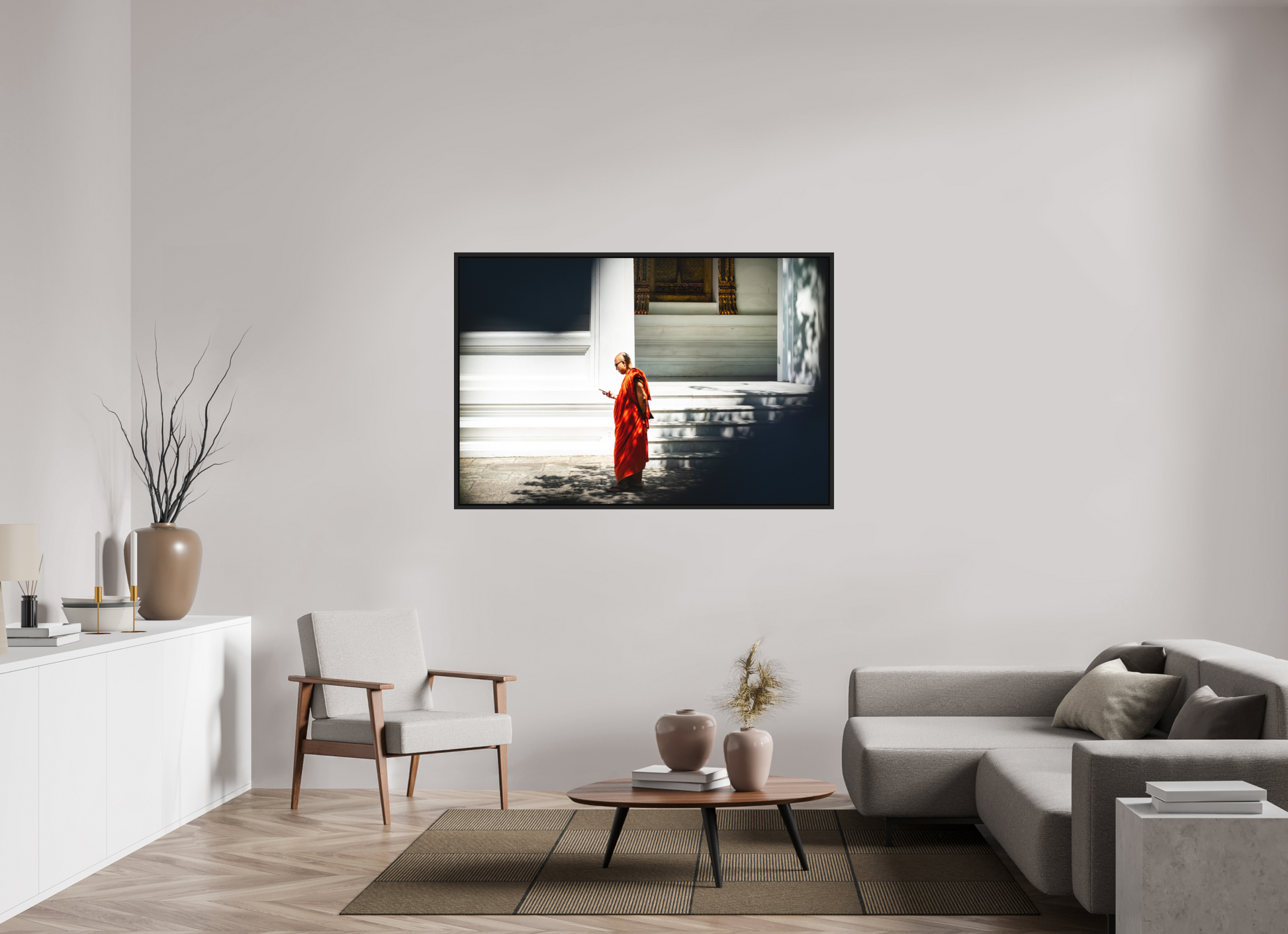 150 x 100 cm, FineArt Color Print on Aluminium Backing Wooden Floater Frame (Black) Scroll and silence