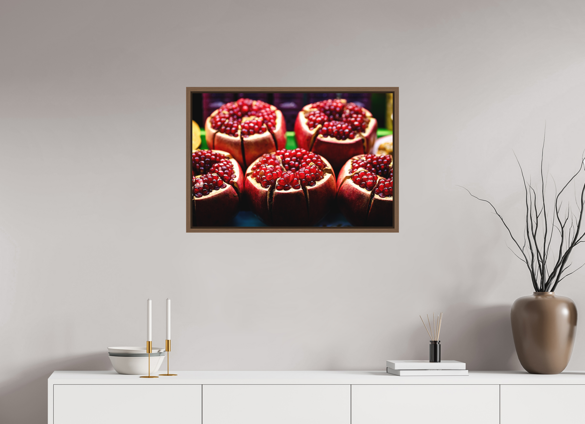 75 x 50 cm, FineArt Color Print on Aluminium Backing Wooden Floater Frame (Walnut) Red fruit