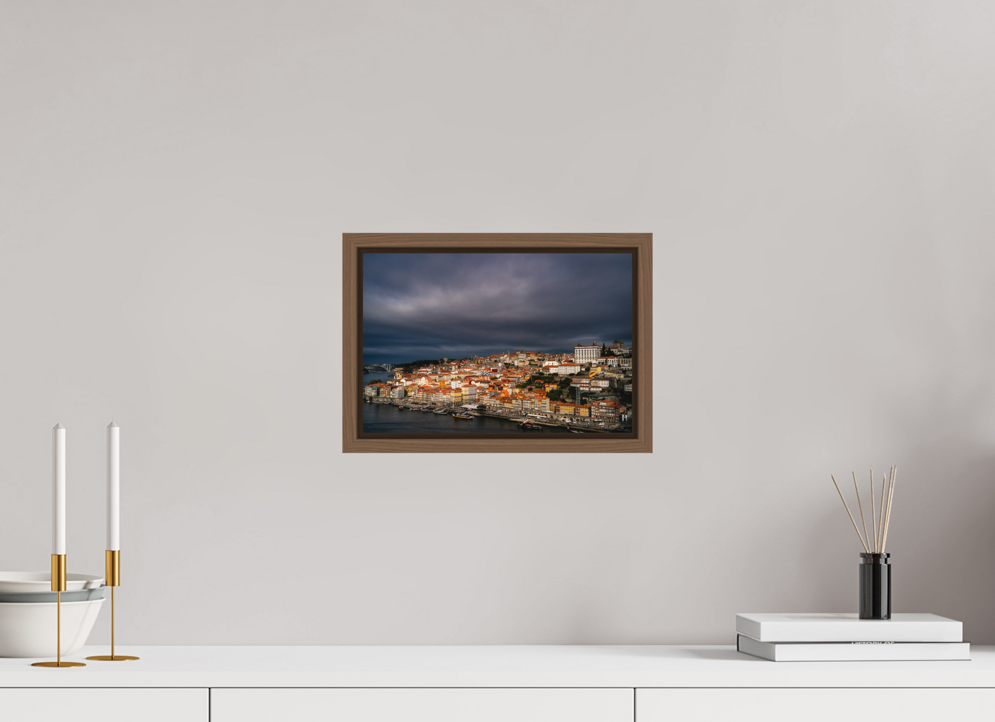 30 x 20 cm, FineArt Color Print on Aluminium Backing Wooden Floater Frame (Walnut) Porto under the stormlight