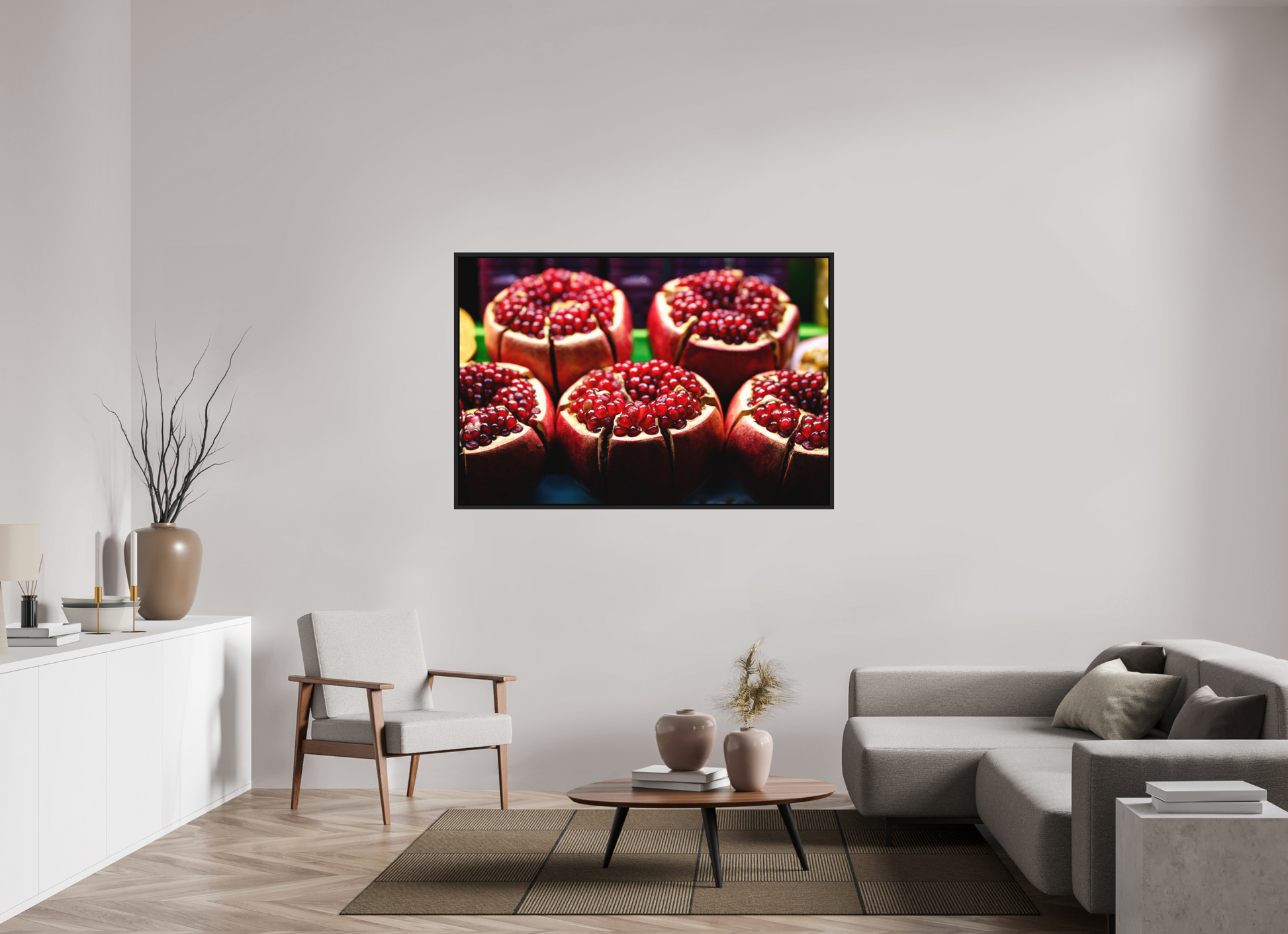150 x 100 cm, FineArt Color Print on Aluminium Backing Wooden Floater Frame (Black) Red fruit