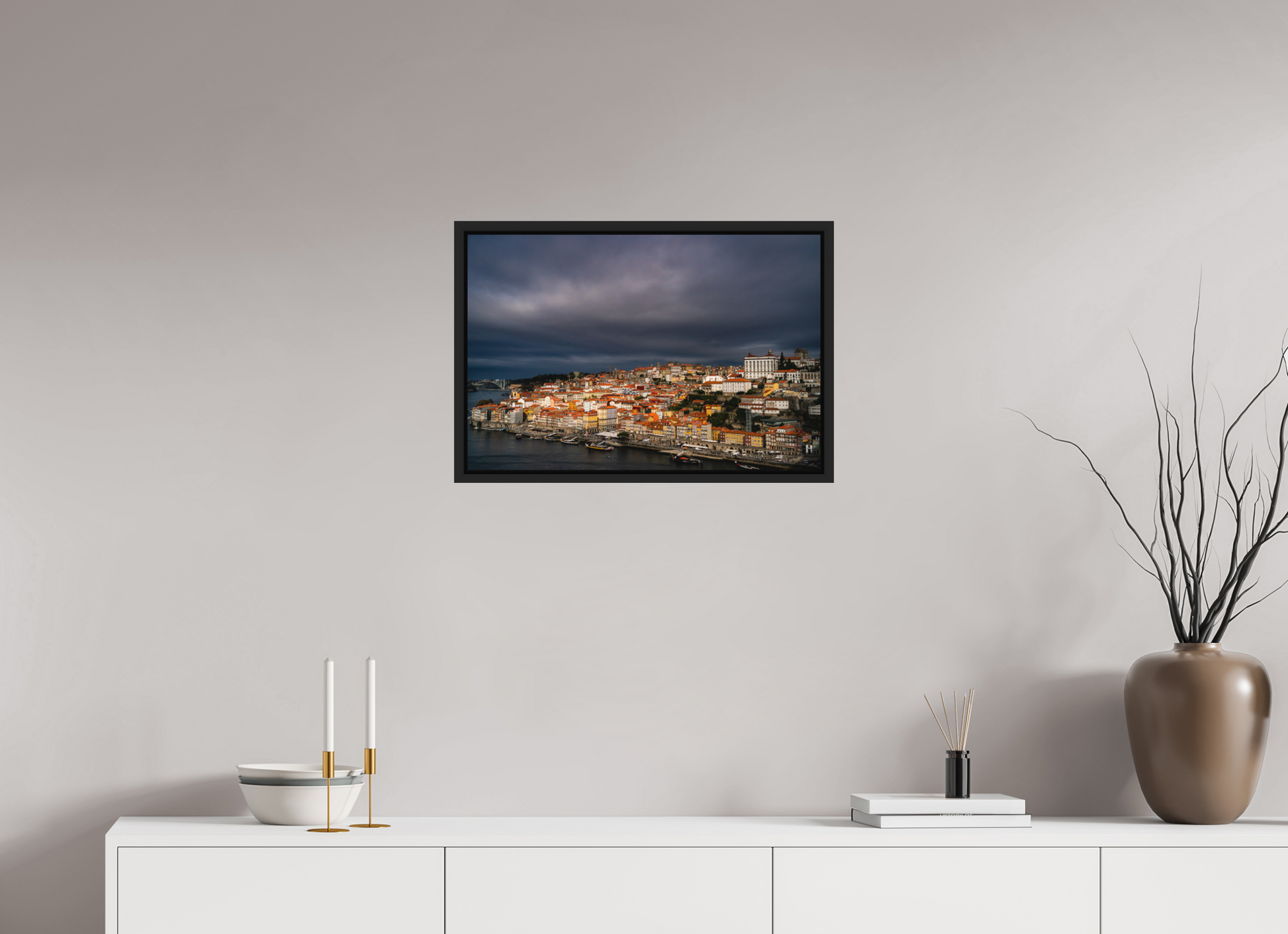 60 x 40 cm, FineArt Color Print on Aluminium Backing Wooden Floater Frame (Black) Porto under the stormlight