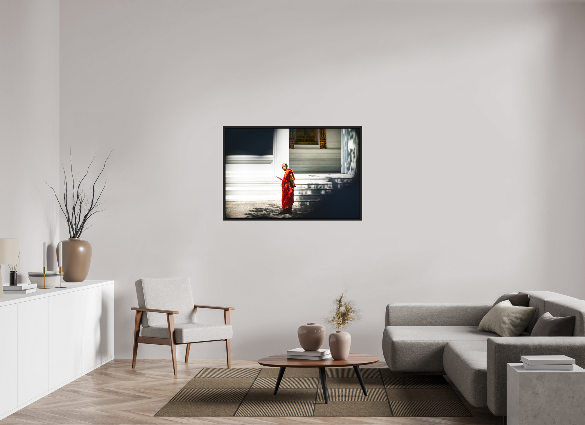 120 x 80 cm, FineArt Color Print on Aluminium Backing Wooden Floater Frame (Black) Scroll and silence