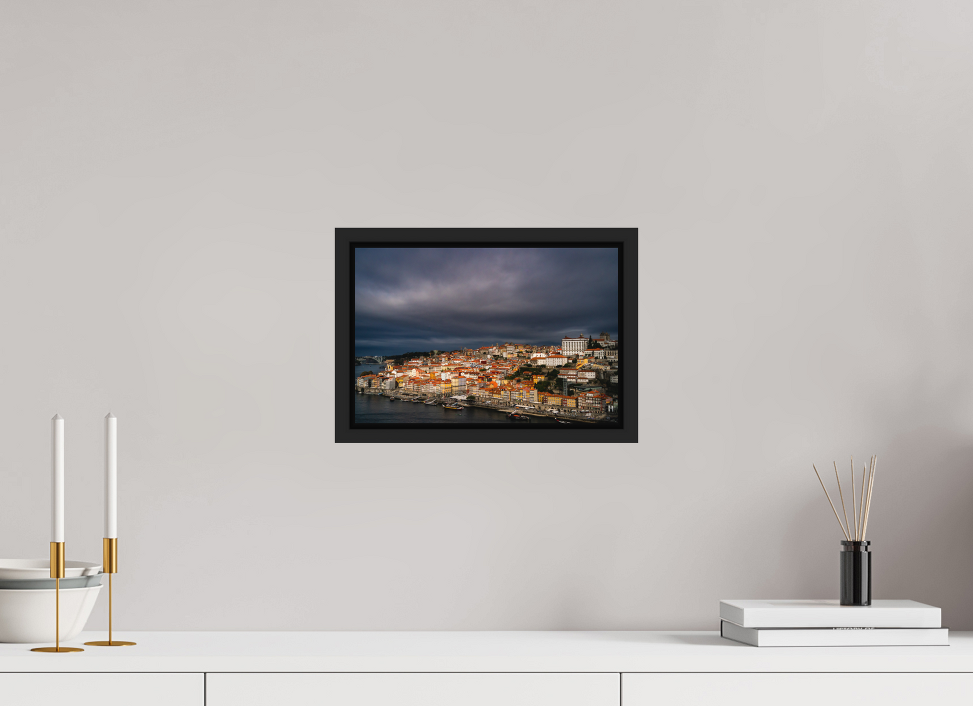30 x 20 cm, FineArt Color Print on Aluminium Backing Wooden Floater Frame (Black) Porto under the stormlight