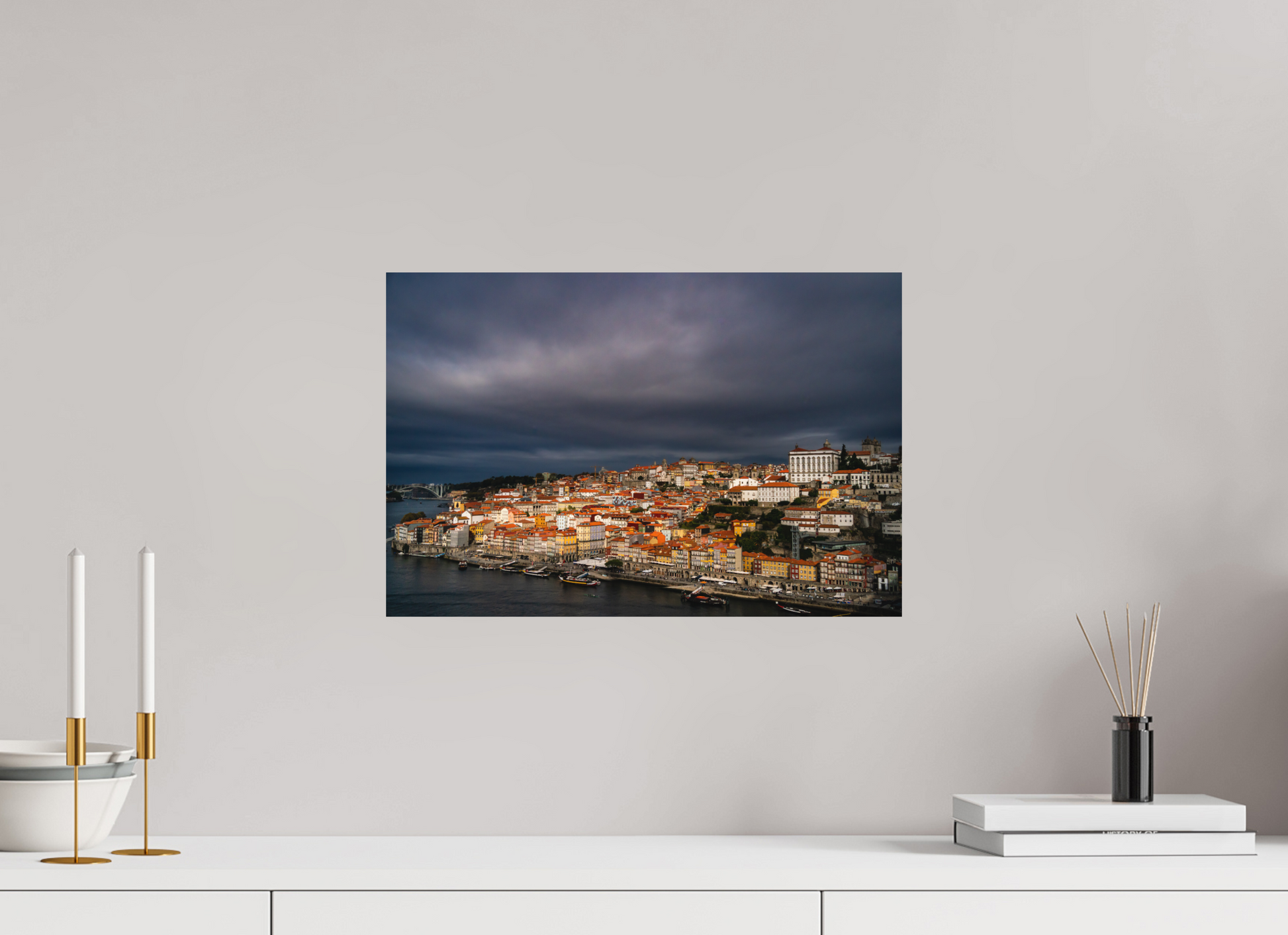 45 x 30 cm, FineArt Color Print on Aluminium Backing Unframed Porto under the stormlight
