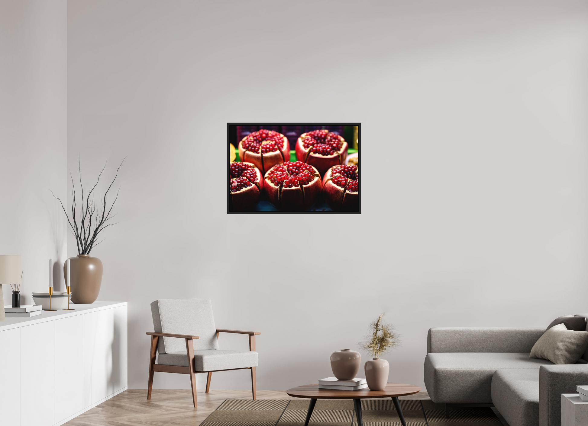 90 x 60 cm, FineArt Color Print on Aluminium Backing Wooden Floater Frame (Black) Red fruit