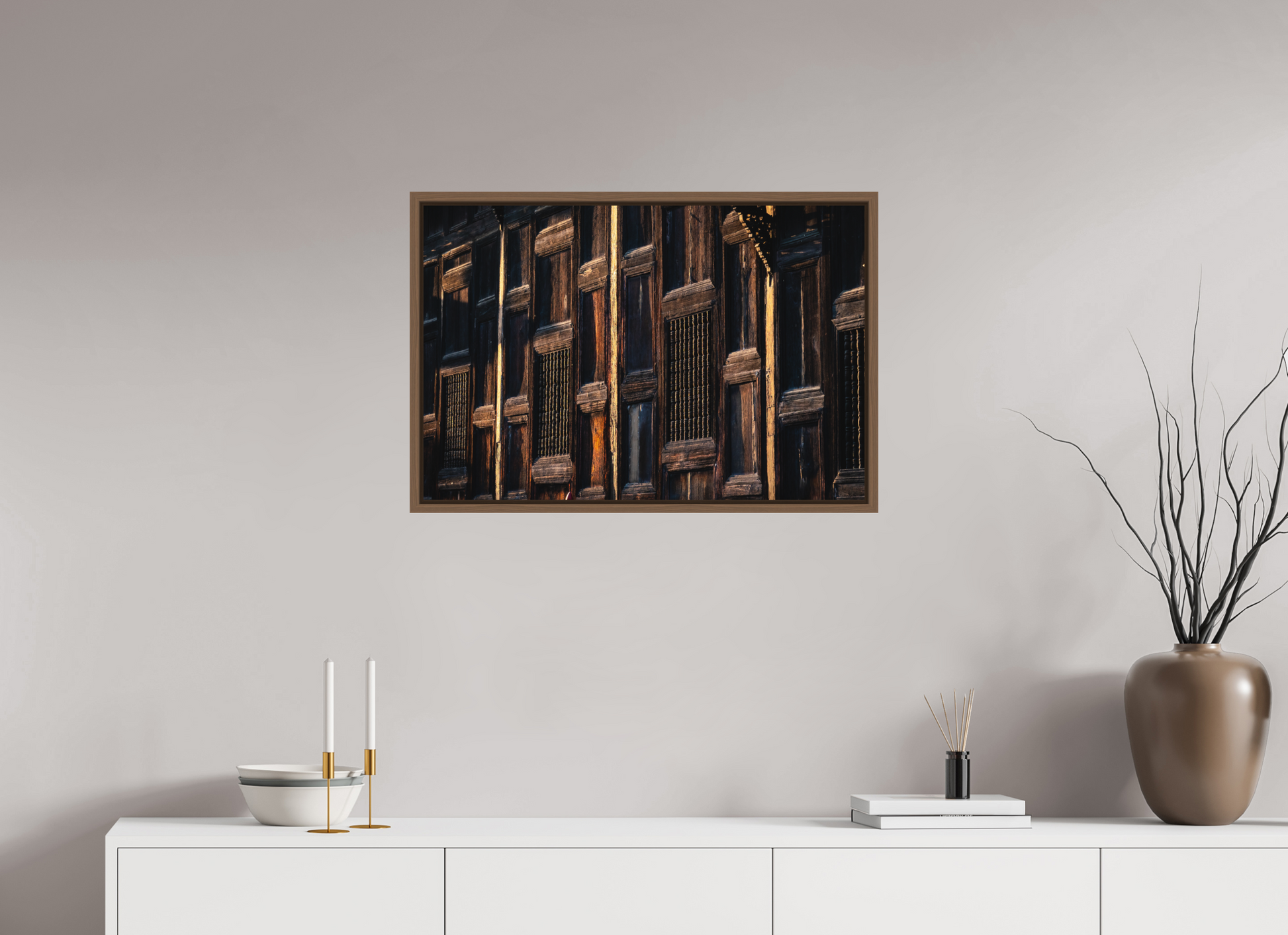 75 x 50 cm, FineArt Color Print on Aluminium Backing Wooden Floater Frame (Walnut) Silent connection