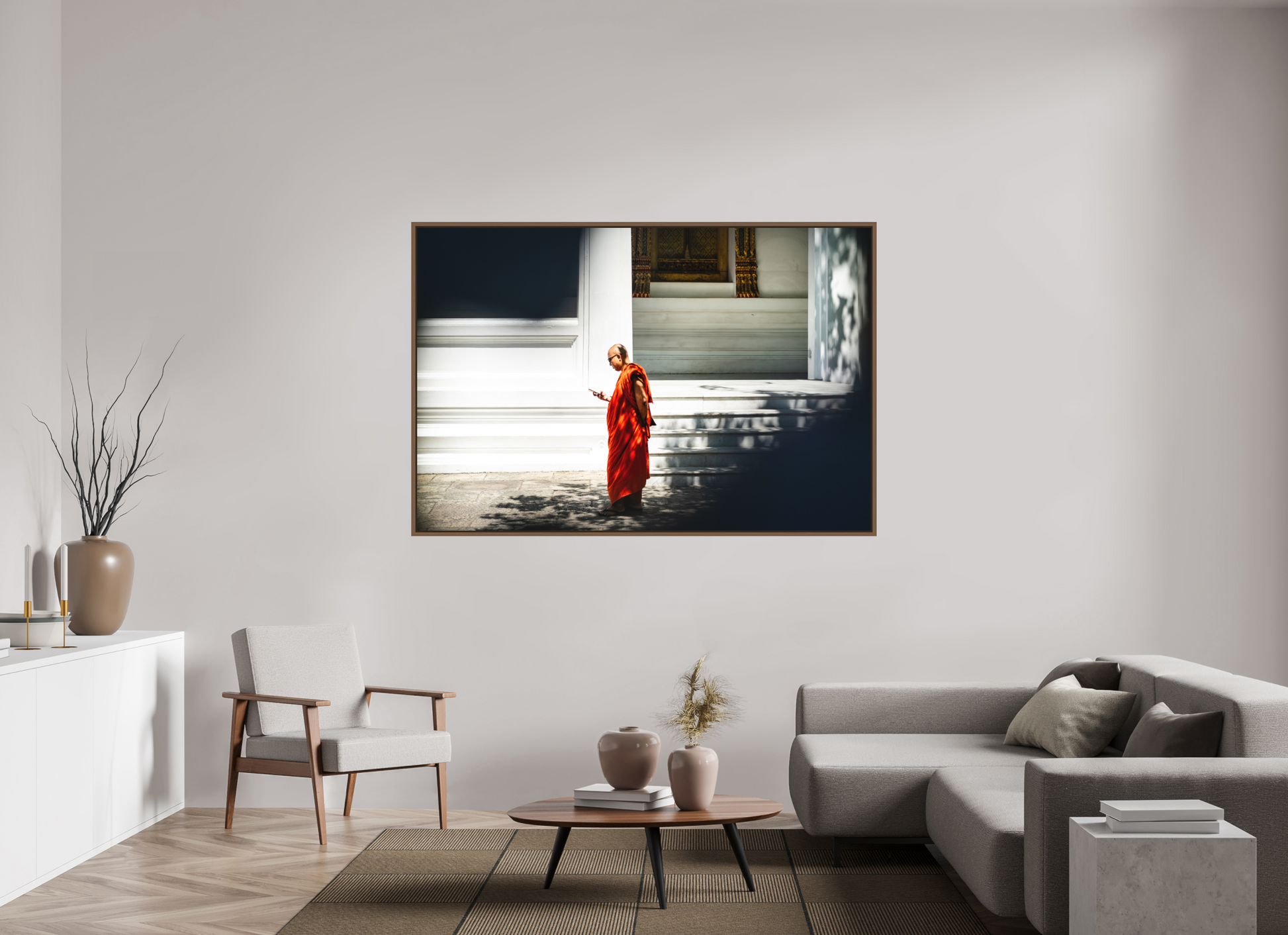 180 x 120 cm, FineArt Color Print on Aluminium Backing Wooden Floater Frame (Walnut) Scroll and silence