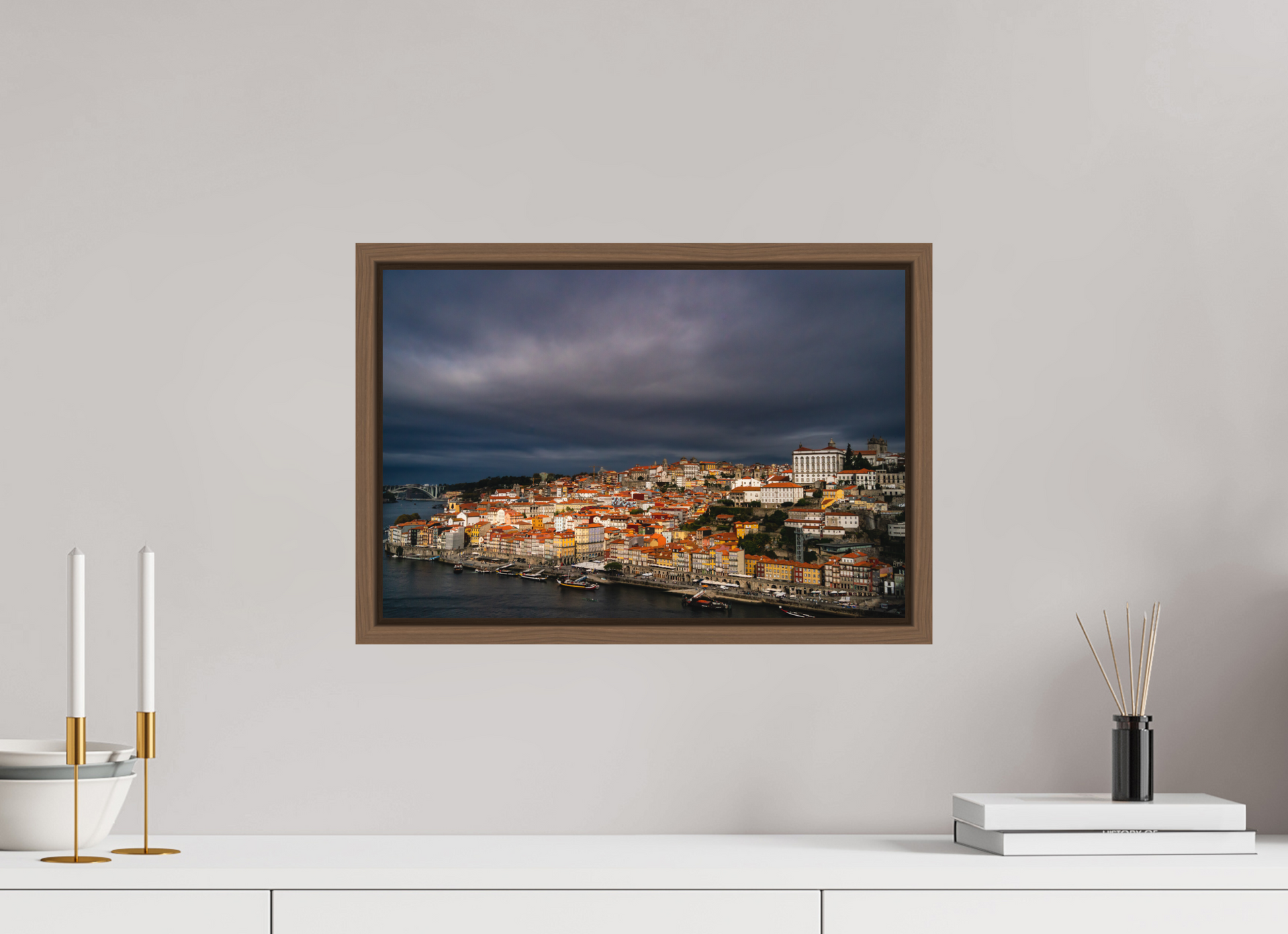 45 x 30 cm, FineArt Color Print on Aluminium Backing Wooden Floater Frame (Walnut) Porto under the stormlight