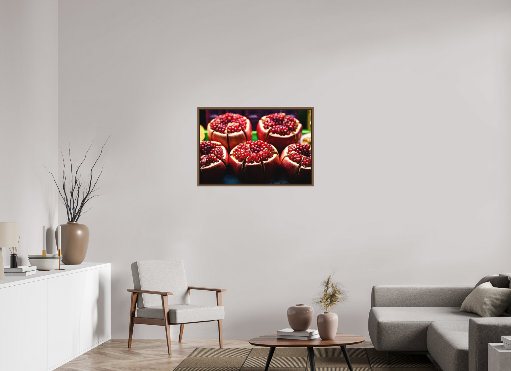 90 x 60 cm, FineArt Color Print on Aluminium Backing Wooden Floater Frame (Walnut) Red fruit