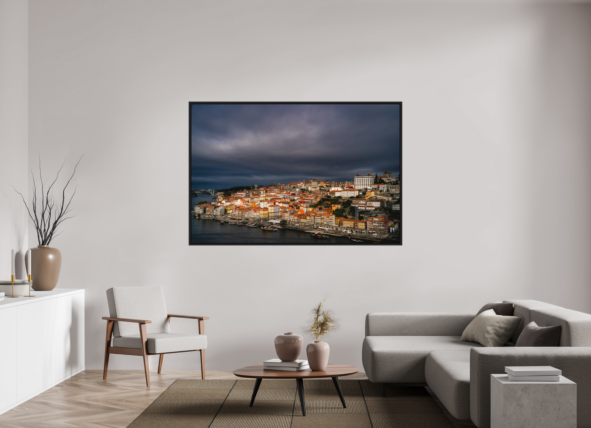180 x 120 cm, FineArt Color Print on Aluminium Backing Wooden Floater Frame (Black) Porto under the stormlight