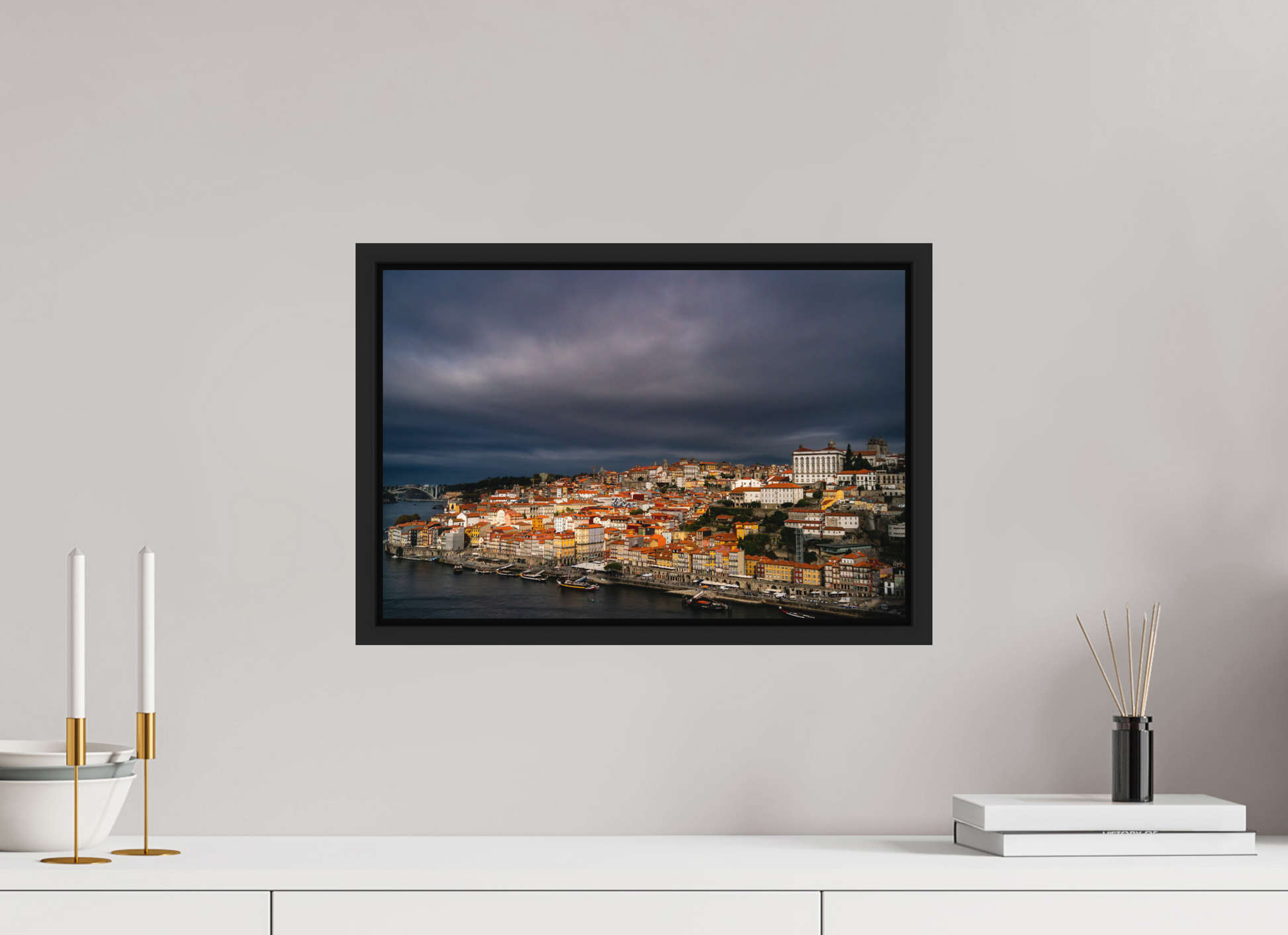 45 x 30 cm, FineArt Color Print on Aluminium Backing Wooden Floater Frame (Black) Porto under the stormlight
