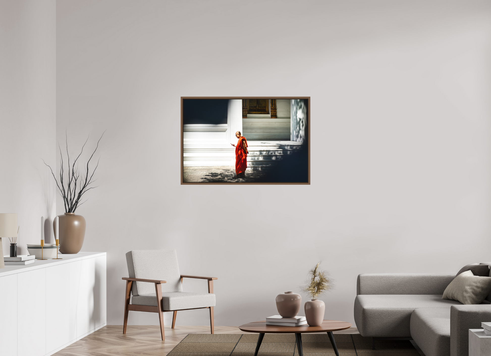 105 x 70 cm, FineArt Color Print on Aluminium Backing Wooden Floater Frame (Walnut) Scroll and silence
