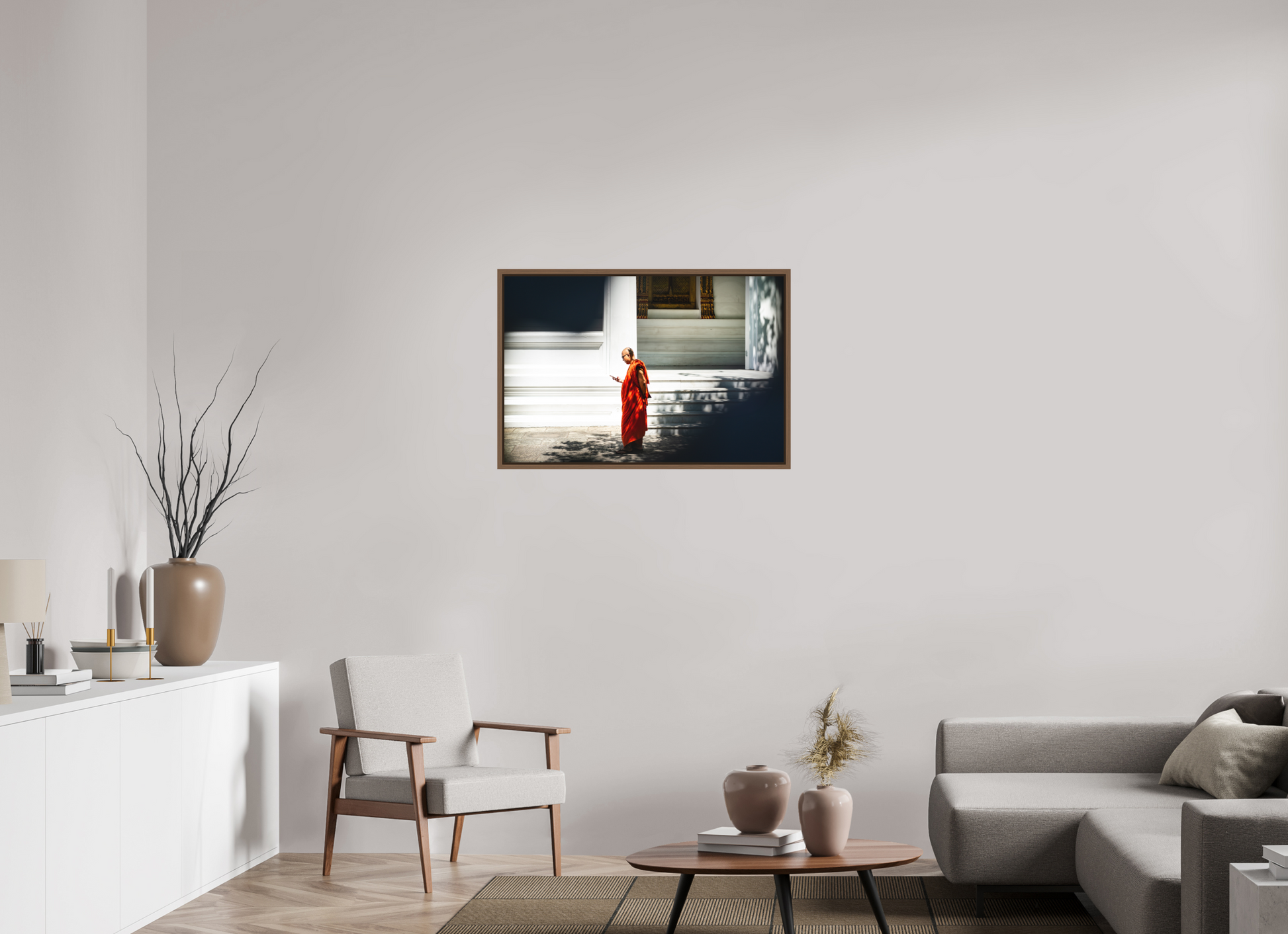 90 x 60 cm, FineArt Color Print on Aluminium Backing Wooden Floater Frame (Walnut) Scroll and silence