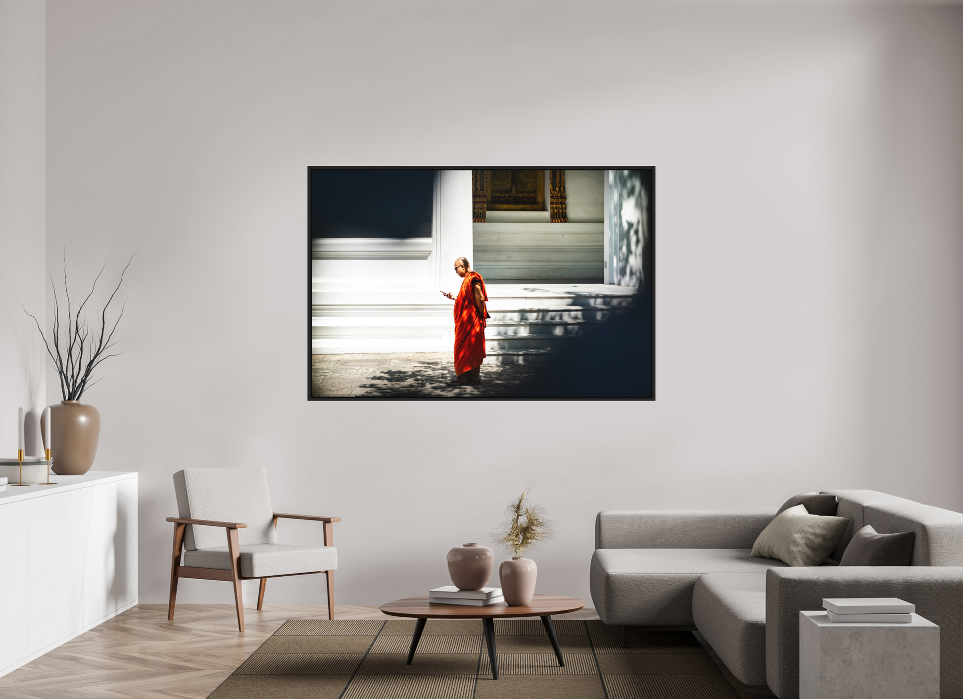 180 x 120 cm, FineArt Color Print on Aluminium Backing Wooden Floater Frame (Black) Scroll and silence
