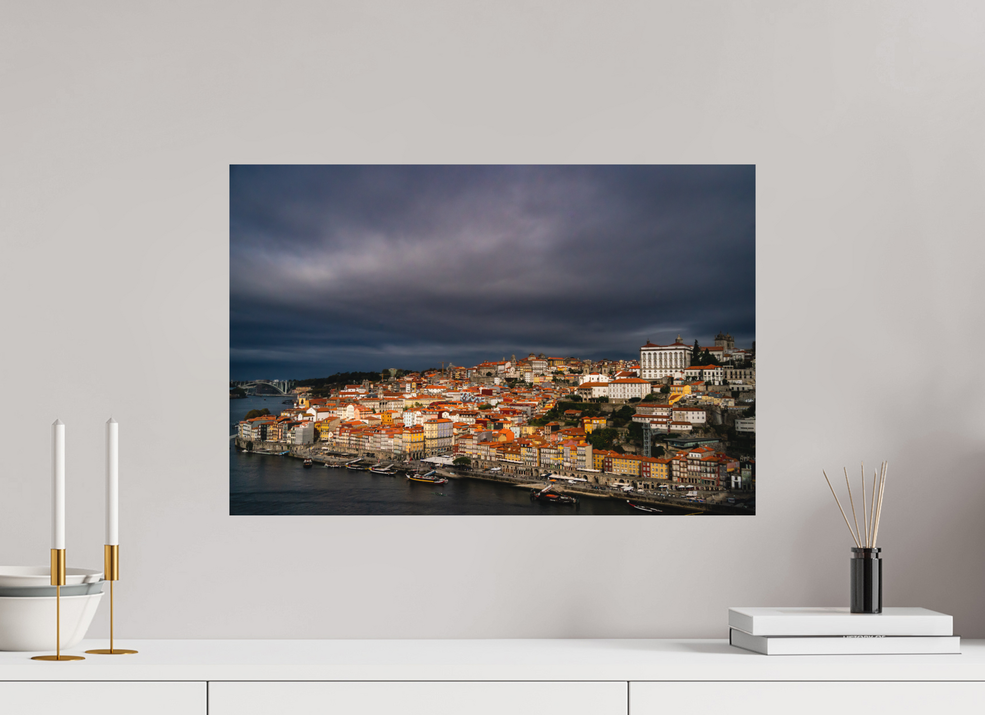 60 x 40 cm, FineArt Color Print on Aluminium Backing Unframed Porto under the stormlight