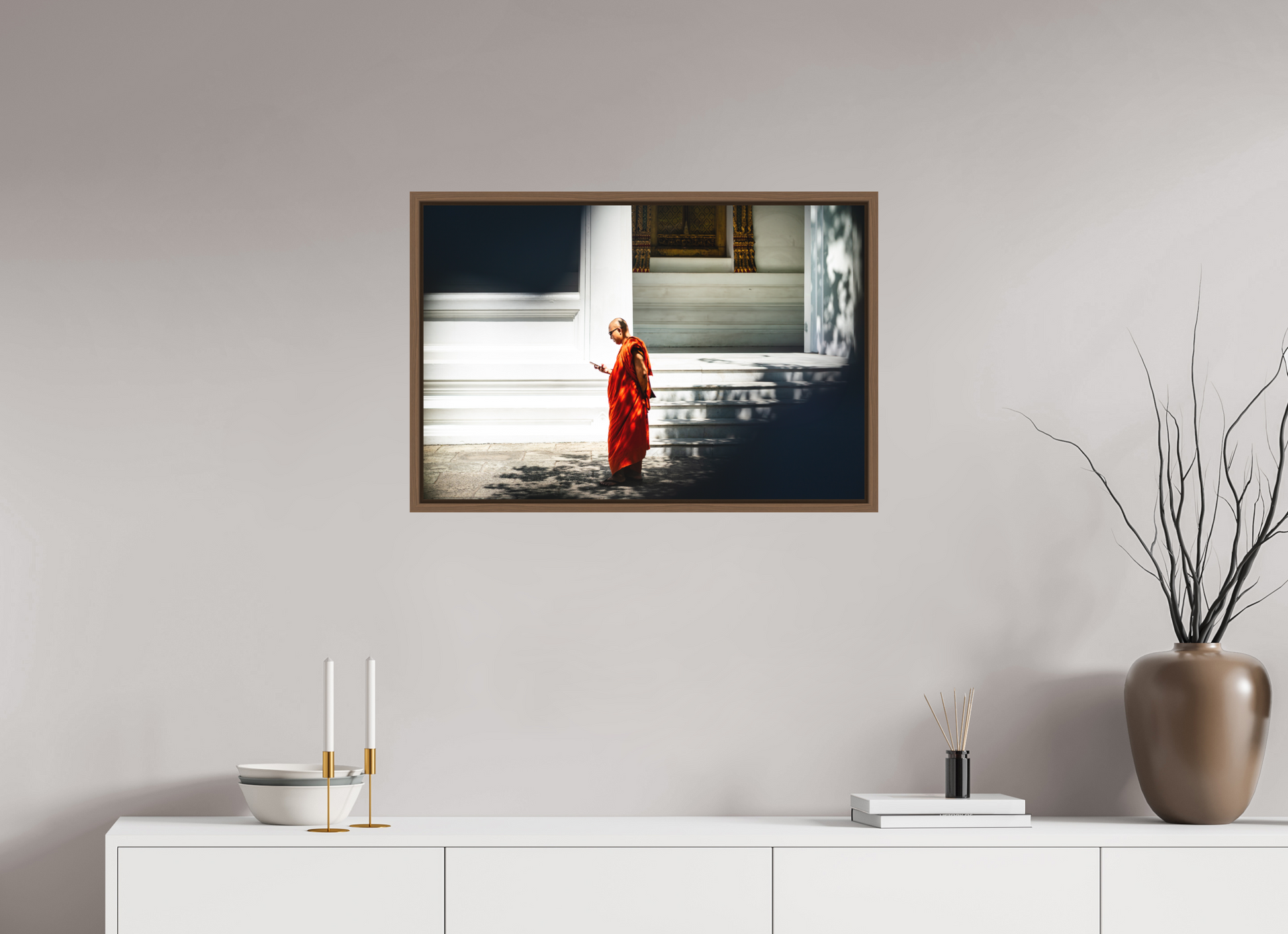 75 x 50 cm, FineArt Color Print on Aluminium Backing Wooden Floater Frame (Walnut) Scroll and silence