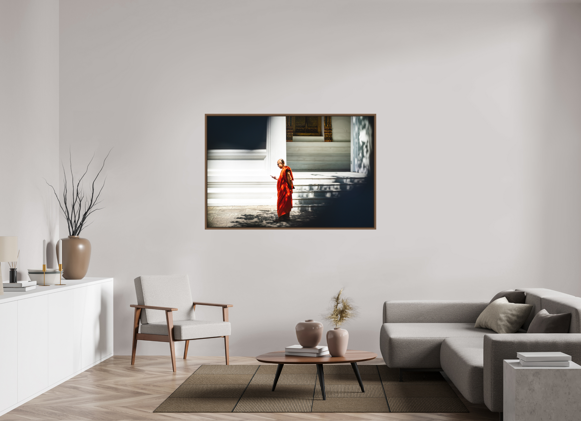 150 x 100 cm, FineArt Color Print on Aluminium Backing Wooden Floater Frame (Walnut) Scroll and silence