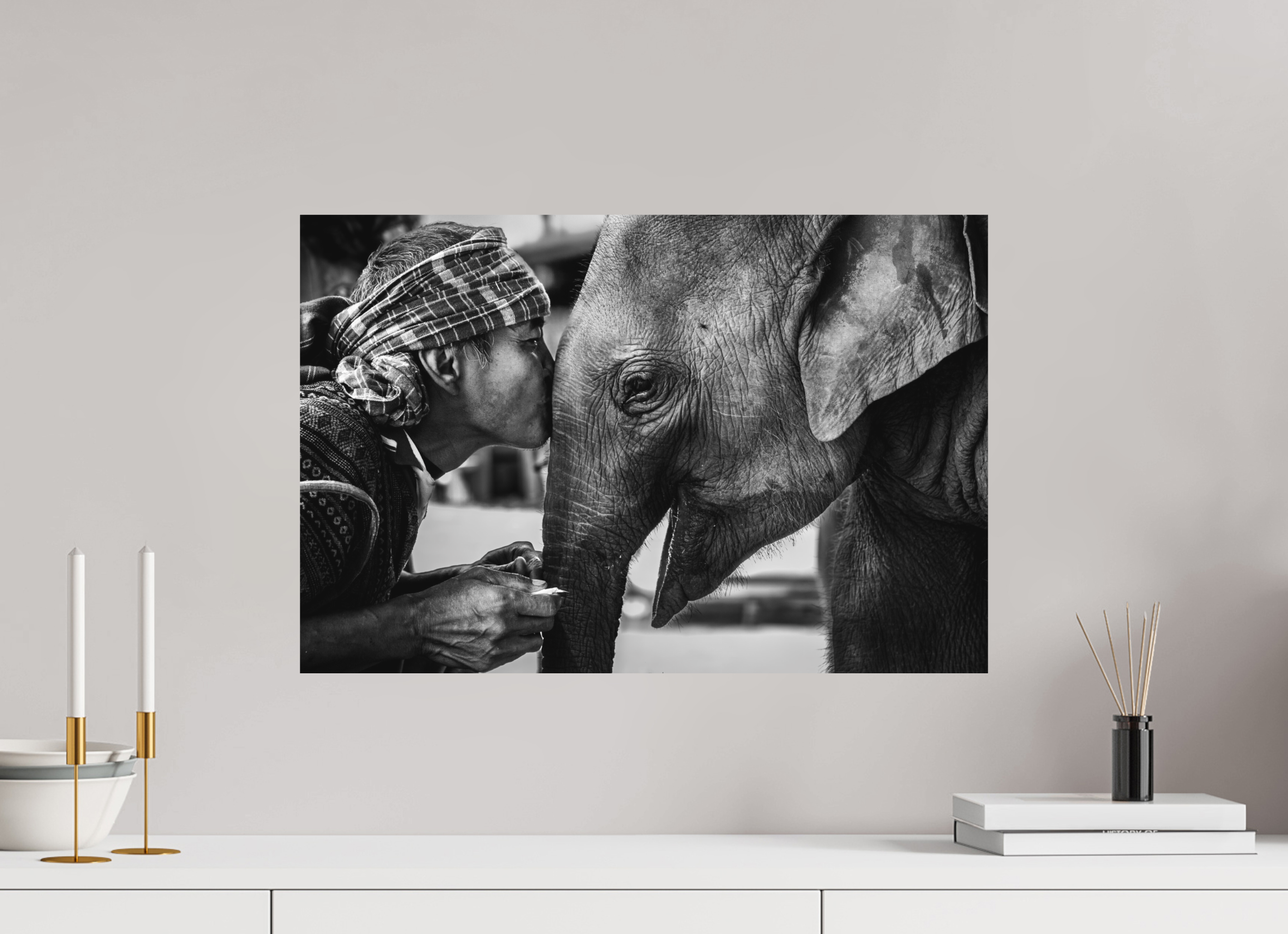 60 x 40 cm, FineArt B&W Print on Aluminium Backing Unframed Elephant whisper